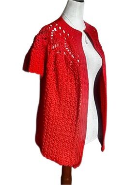 Vintage ~ Handmade ~ Size Medium ~ Red Crochet Cardigan Vest Jacket